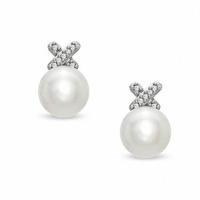 Previously Owned-Honora 7.0-7.5mm Freshwater Cultured Pearl and Diamond Accent "X" Earrings in Sterling Silver