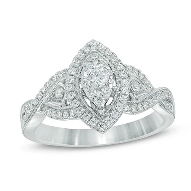 Previously Owned - 1/2 CT. T.w. Diamond Marquise Frame Crossover Engagement Ring in 14K White Gold