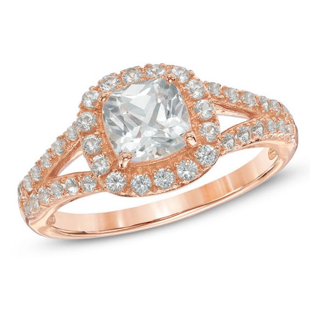 Previously Owned - 6.0mm Cushion-Cut Lab-Created White Sapphire Frame Ring in Sterling Silver with 14K Rose Gold Plate