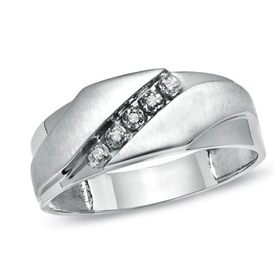 Previously Owned - Men's Diamond Accent Slant Wedding Band in 10K White Gold