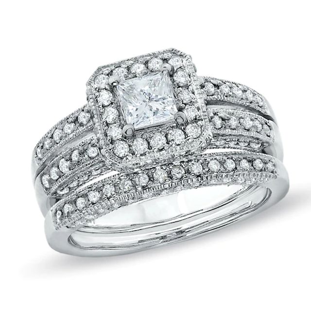 Previously Owned - 1-1/2 CT. T.w. Princess-Cut Diamond Vintage Bridal Set in 14K White Gold