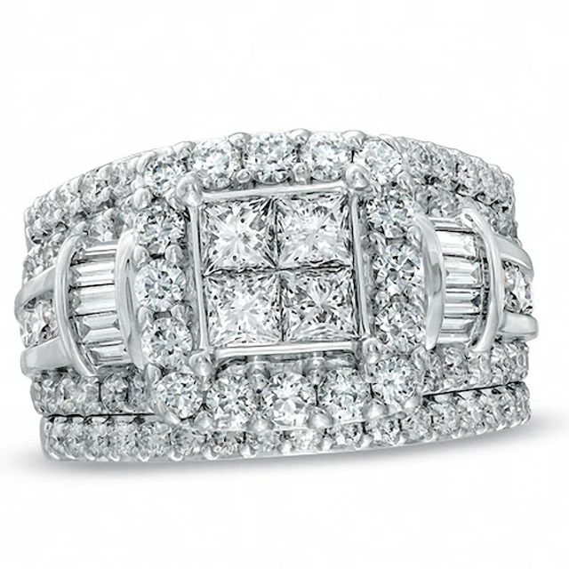 Previously Owned - 3 CT. T.w. Quad Princess-Cut Diamond Three Piece Bridal Set in 14K White Gold