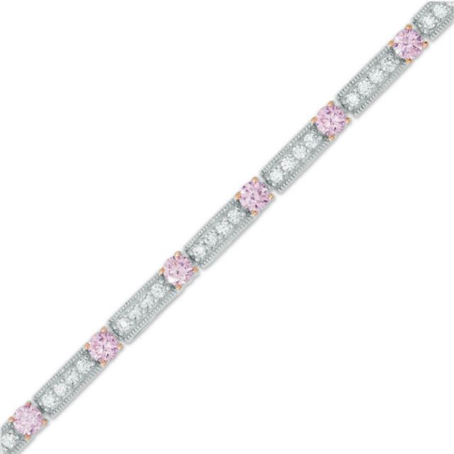 Previously Owned - Lab-Created Pink Sapphire and White Sapphire Line Bracelet in Sterling Silver and 18K Rose Gold Plate - 7.25"