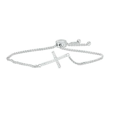 Previously Owned - Lab-Created White Sapphire Sideways Cross Bolo Bracelet in Sterling Silver - 9.0"
