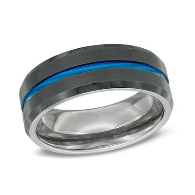 Previously Owned - 8.0mm Blue IP Center Stripe Wedding Band in Black IP Stainless Steel