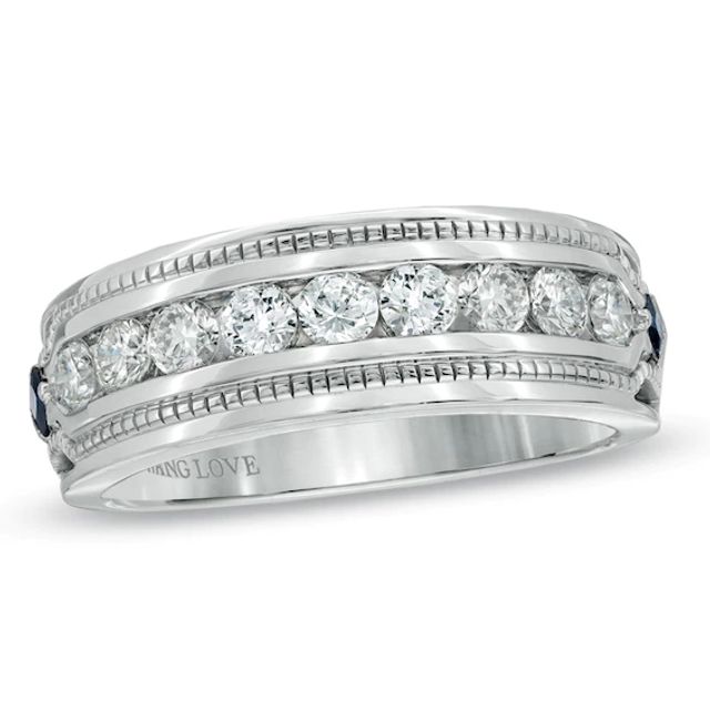 Previously Owned - Vera Wang Love Collection Men's 1 CT. T.w. Diamond and Sapphire Wedding Band in 14K White Gold