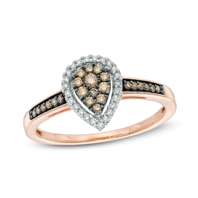 Previously Owned - 1/4 CT. T.w. Champagne and White Diamond Cluster Pear-Shaped Frame Ring in 10K Rose Gold