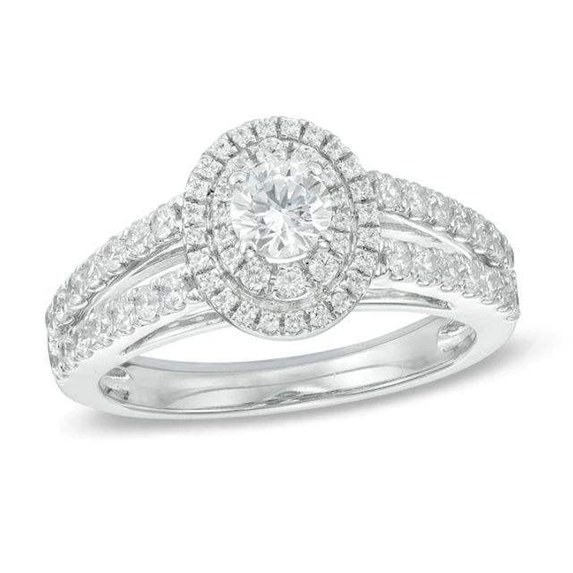 Previously Owned - 1 CT. T.w. Diamond Oval Double Frame Split Shank Engagement Ring in 14K White Gold