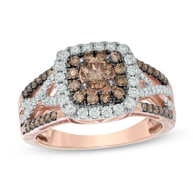 Previously Owned - 1 CT. T.w. Champagne and White Diamond Double Square Frame Crossover Ring in 10K Rose Gold