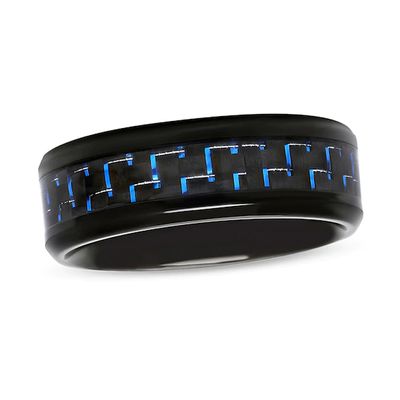 Previously Owned - Men's 8.0mm Comfort-Fit Blue Carbon Fiber Inlay Wedding Band in Black IP Stainless Steel