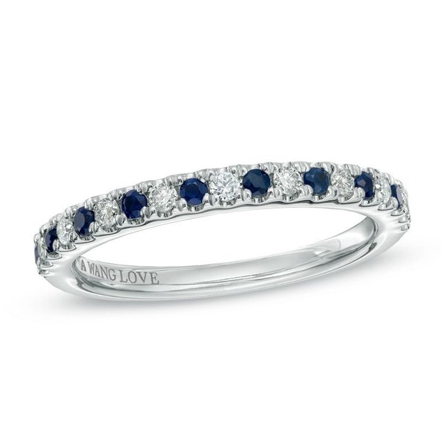 Previously Owned - Vera Wang Love Collection 1/8 CT. T.w. Diamond and Blue Sapphire Band in 14K White Gold