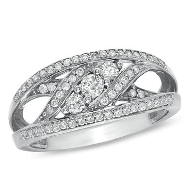 Previously Owned - 1/2 CT. T.w. Diamond Three Stone Slant Ring in 14K White Gold
