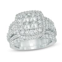 Previously Owned - 2-3/4 CT. T.w. Quad Princess-Cut Diamond Frame Three Piece Bridal Set in 14K White Gold