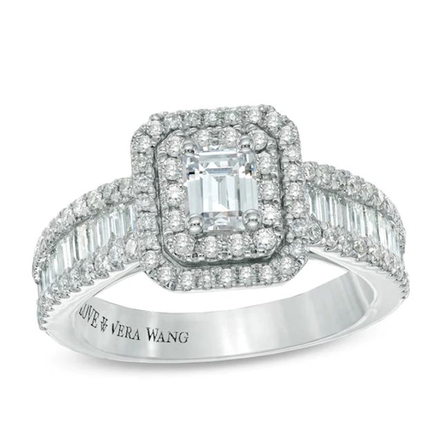 Previously Owned - Vera Wang Love Collection 1-1/2 CT. T.w. Emerald-Cut Diamond Frame Engagement Ring in 14K White Gold