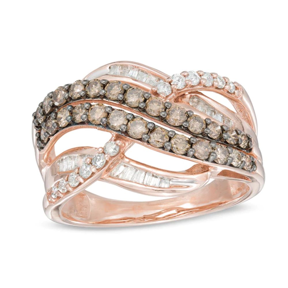 Previously Owned - 1 CT. T.w. Champagne and White Diamond Layered Crossover Ring in 10K Rose Gold