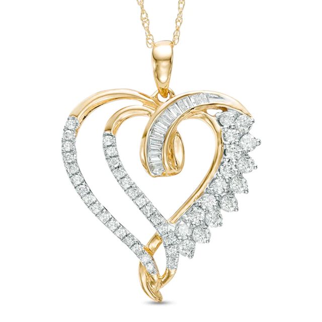 Previously Owned - 1/2 CT. T.w. Baguette and Round Diamond Double Heart Swirl Pendant in 10K Gold