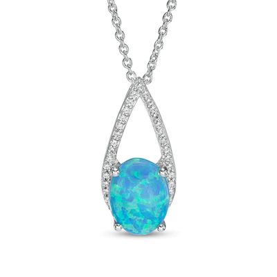 Previously Owned - Oval Lab-Created Blue Opal and White Sapphire Teardrop Pendant in Sterling Silver