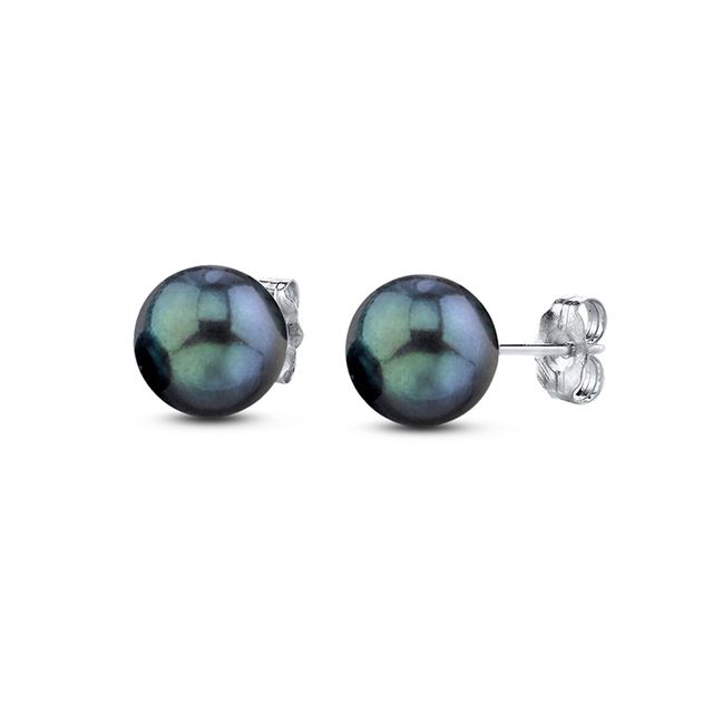 Previously Owned-6.0-6.5mm Dyed Black Akoya Cultured Pearl Stud Earrings in 14K White Gold