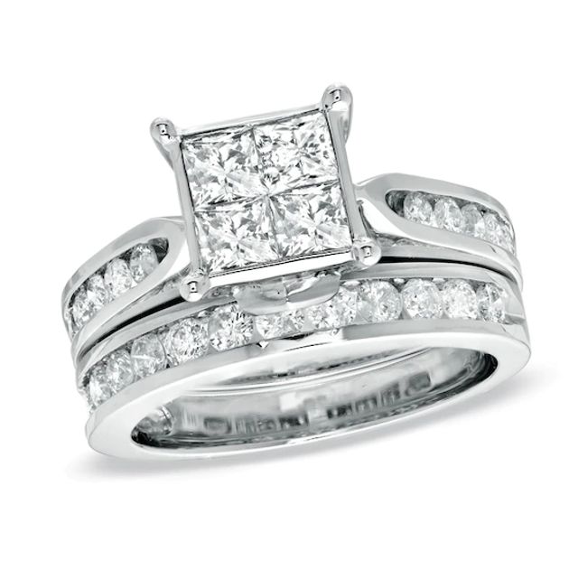 Previously Owned - 2 CT. T.w. Princess-Cut Quad Diamond Bridal Set in 14K White Gold