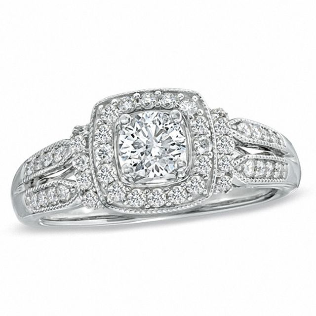 Previously Owned - 3/4 CT. T.w. Diamond Vintage-Style Engagement Ring in 14K White Gold