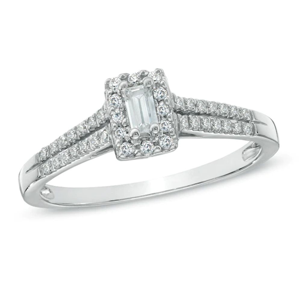 Previously Owned - 1/5 CT. T.w. Baguette Diamond Frame Promise Ring in 10K White Gold