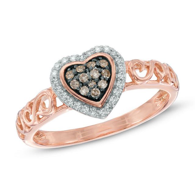 Previously Owned - 1/5 CT. T.w. Champagne and White Diamond Heart Cluster Frame Promise Ring in 10K Rose Gold