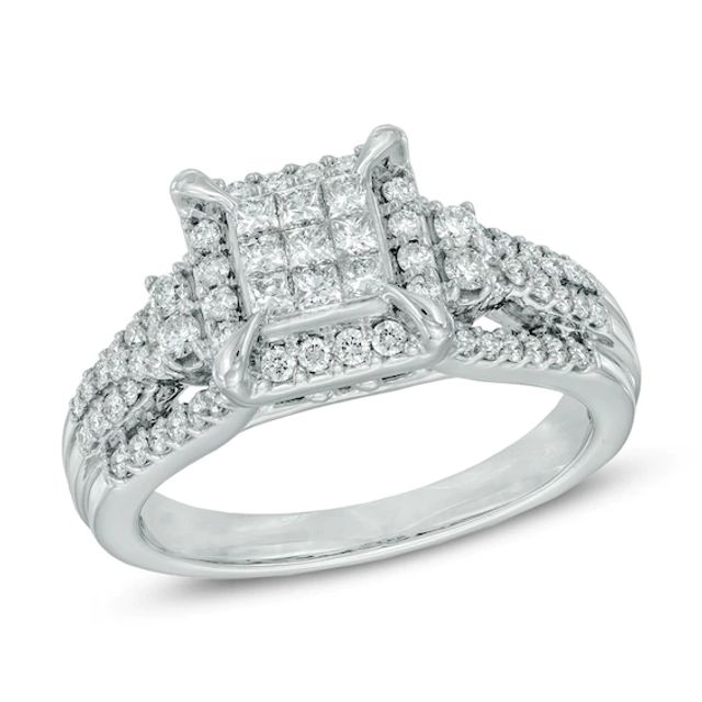 Previously Owned - 3/4 CT. T.w. Princess-Cut Composite Diamond Frame Engagement Ring in 10K White Gold