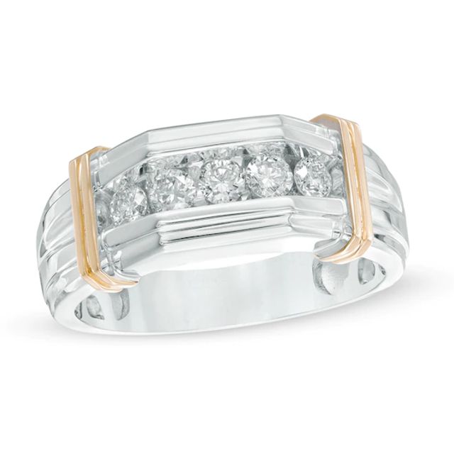 Previously Owned - Men's 1/2 CT. T.w. Diamond Five Stone Comfort Fit Anniversary Band in 10K Two-Tone Gold