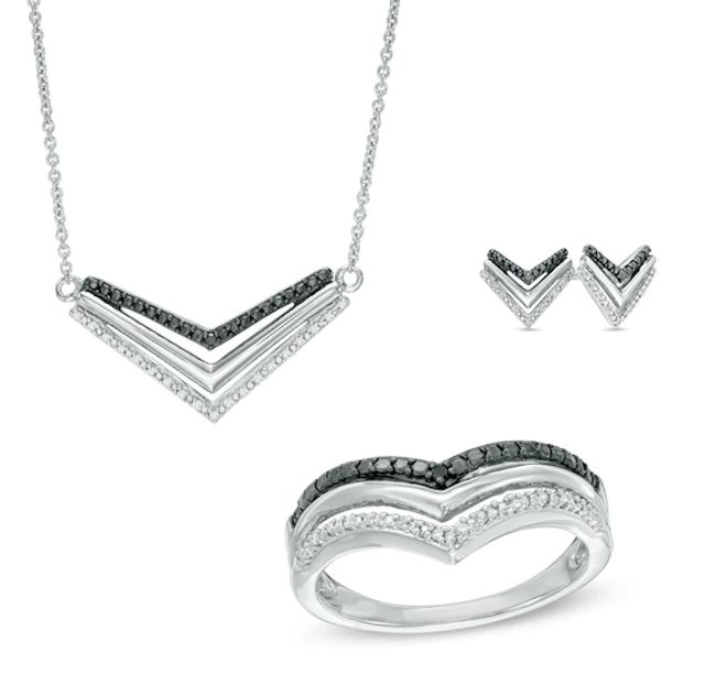 Previously Owned - 1/6 CT. T.w. Enhanced Black and White Diamond Chevron Necklace, Ring and Earring Set