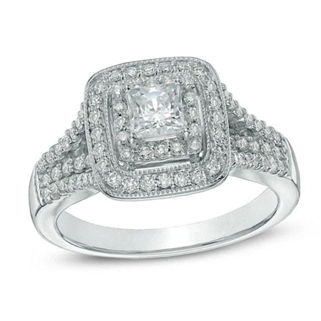 Previously Owned - 1-1/5 CT. T.w. Princess-Cut Diamond Double Frame Bridal Set in 14K White Gold