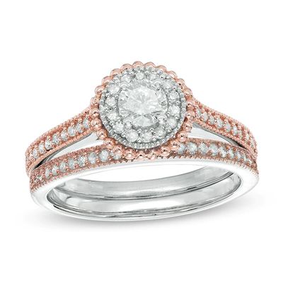 Previously Owned - 5/8 CT. T.w. Diamond Frame Vintage-Style Bridal Set in 10K Two-Tone Gold