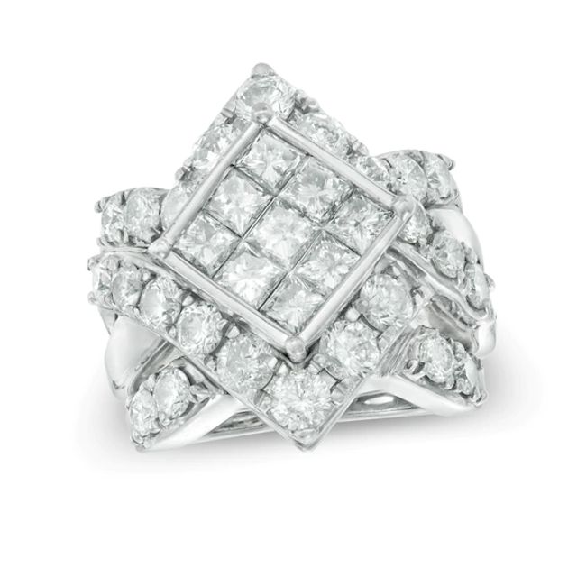 Previously Owned - 5 CT. T.w. Princess-Cut Composite Diamond Square Frame Crossover Bridal Set in 14K White Gold