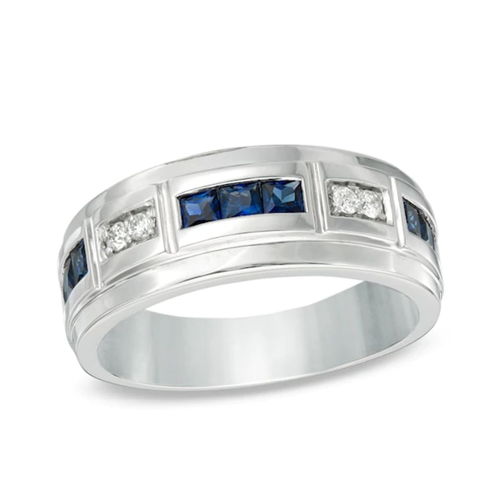 Previously Owned - Lab-Created Blue Sapphire and 1/10 CT. T.w. Diamond Alternating Band in 10K White Gold