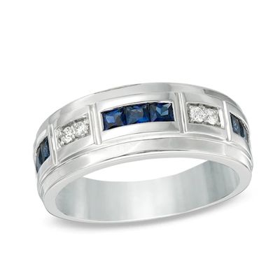 Previously Owned - Lab-Created Blue Sapphire and 1/10 CT. T.w. Diamond Alternating Band in 10K White Gold