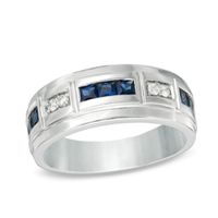 Previously Owned - Lab-Created Blue Sapphire and 1/10 CT. T.w. Diamond Alternating Band in 10K White Gold