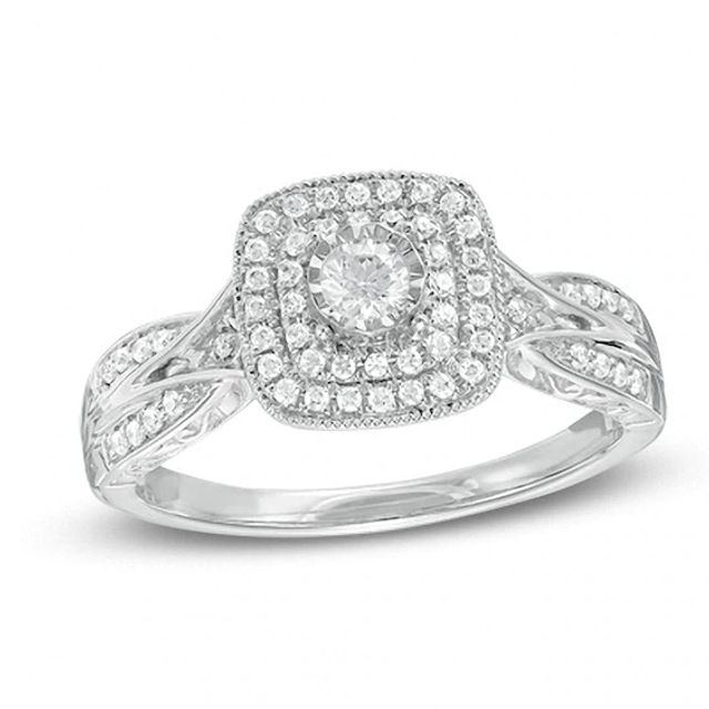 Previously Owned - 1/3 CT. T.w. Diamond Vintage-Style Double Frame Interlocking Shank Engagement Ring in 10K White Gold