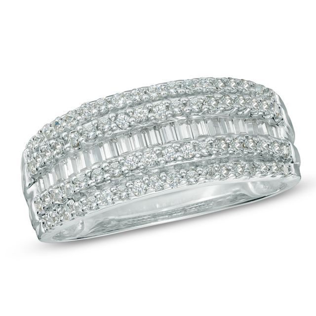 Previously Owned - 1/2 CT. T.w. Baguette and Round Diamond Layered Band in 10K White Gold