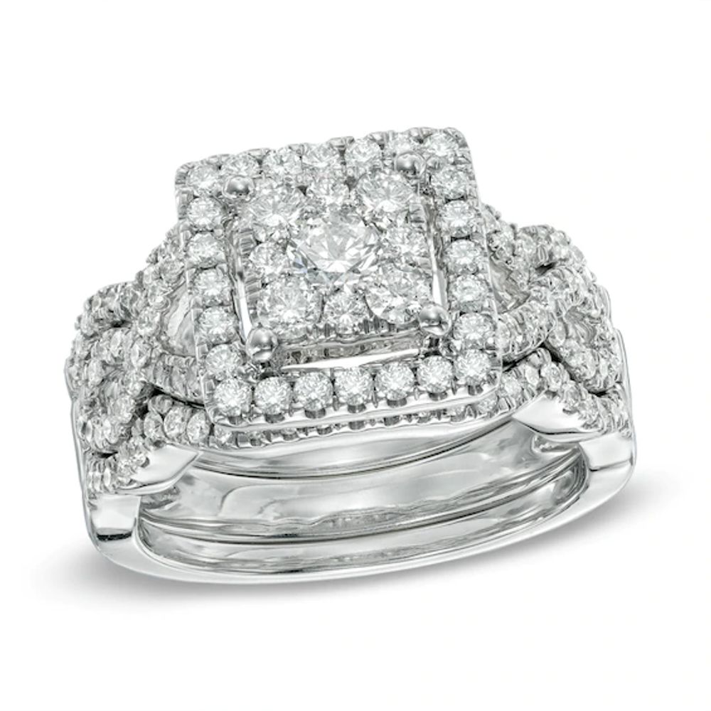 Previously Owned - 1-1/3 CT. T.w. Diamond Square Frame Woven Three Piece Bridal Set in 14K White Gold