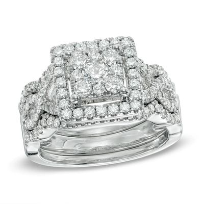 Previously Owned - 1-1/3 CT. T.w. Diamond Square Frame Woven Three Piece Bridal Set in 14K White Gold