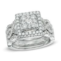 Previously Owned - 1-1/3 CT. T.w. Diamond Square Frame Woven Three Piece Bridal Set in 14K White Gold