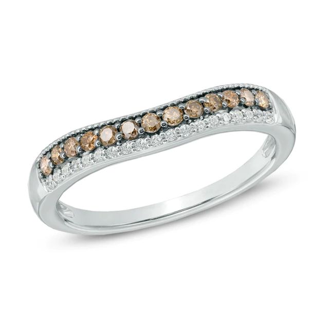 Previously Owned - 1/4 CT. T.w. Champagne and White Diamond Contour Wedding Band in 14K White Gold