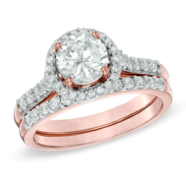 Previously Owned - 6.5mm Lab-Created White Sapphire Frame Ring Set in Sterling Silver with 14K Rose Gold Plate