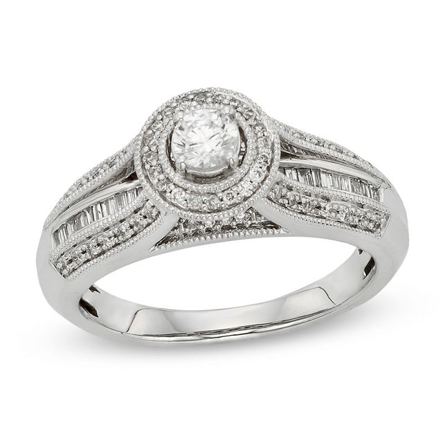 Previously Owned - 1/2 CT. T.w. Diamond Frame Vintage-Style Engagement Ring in 10K White Gold