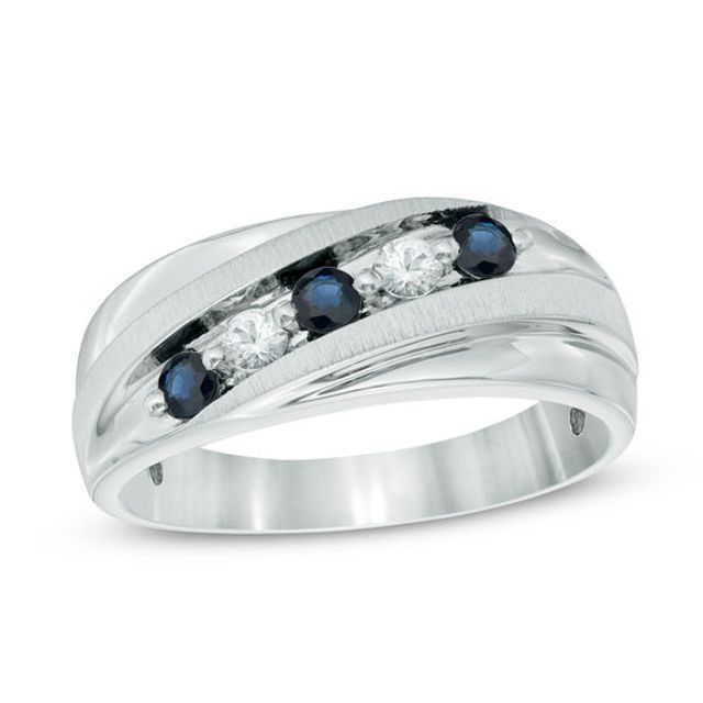 Previously Owned - Men's Lab-Created Blue and White Sapphire Five Stone Slant Band in Sterling Silver