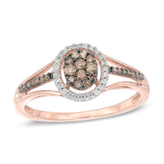 Previously Owned - 1/4 CT. T.w. Champagne and White Composite Diamond Oval Frame Split Shank Ring in 10K Rose Gold