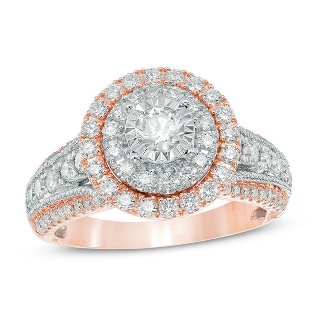 Previously Owned - 1-1/4 CT. T.w. Diamond Double Frame Multi-Row Vintage-Style Engagement Ring in 14K Two-Tone Gold