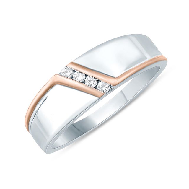 Previously Owned - 1/10 CT. T.w. Diamond Four Stone Slant Bypass Stripe Wedding Band in 10K Two-Tone Gold