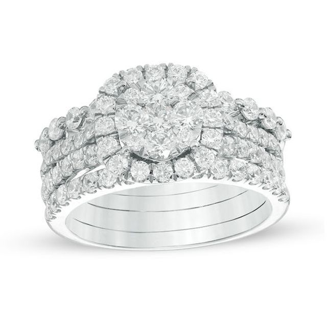 Previously Owned - 2 CT. T.w. Composite Diamond Cushion Frame Three Piece Bridal Set in 14K White Gold