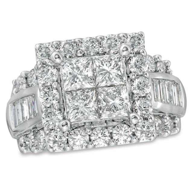 Previously Owned - 4 CT. T.w. Princess-Cut Quad Diamond Square Frame Engagement Ring in 14K White Gold