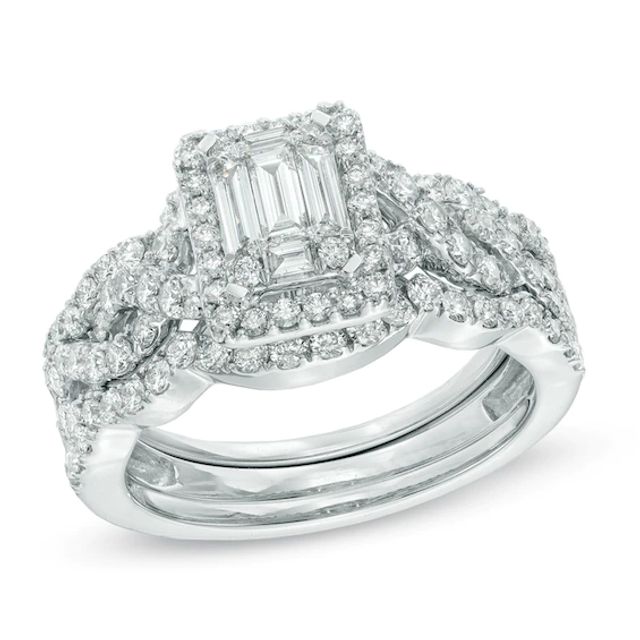 Previously Owned - 1-1/2 CT. T.w. Multi-Baguette Diamond Frame Three Piece Bridal Set in 14K White Gold